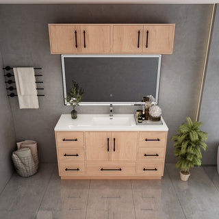 Victoria 60" Solid Wood Vanity Single Sink, Overhead Cabinet, Red Oak