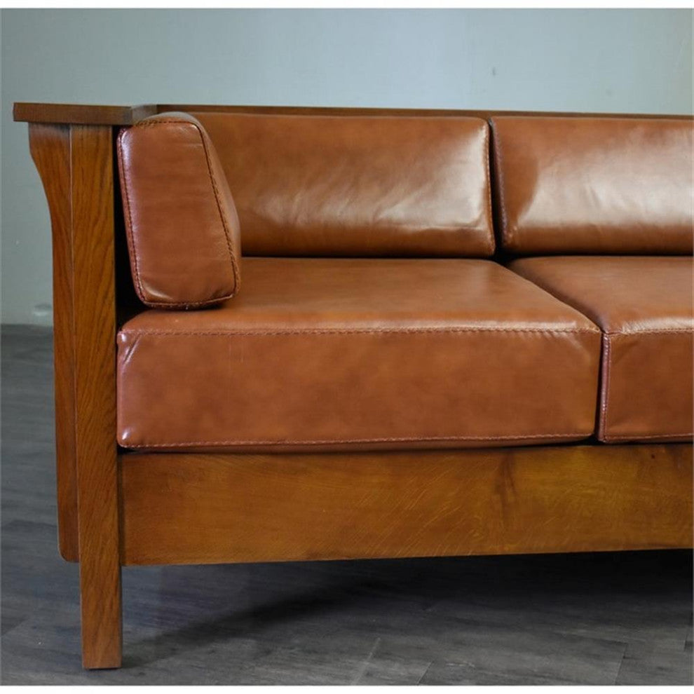 Arts and Crafts / Craftsman Cubic Panel Side Sofa - Russet Brown Leather (RB2)