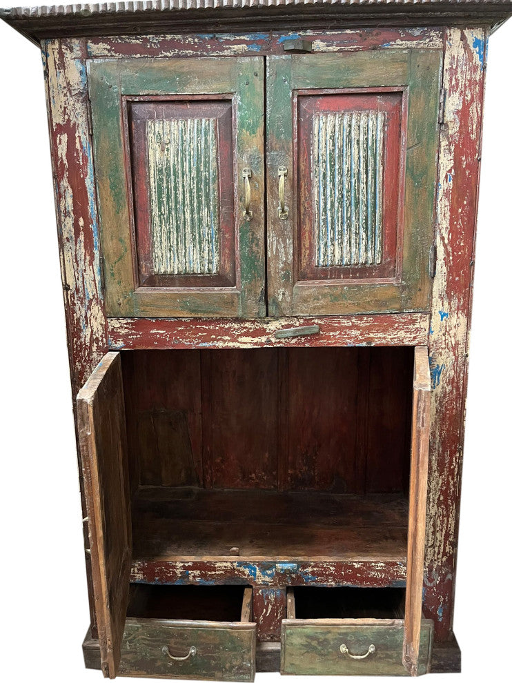 Consigned Antique Accent Cabinet Carved Distressed Green Red Armoire