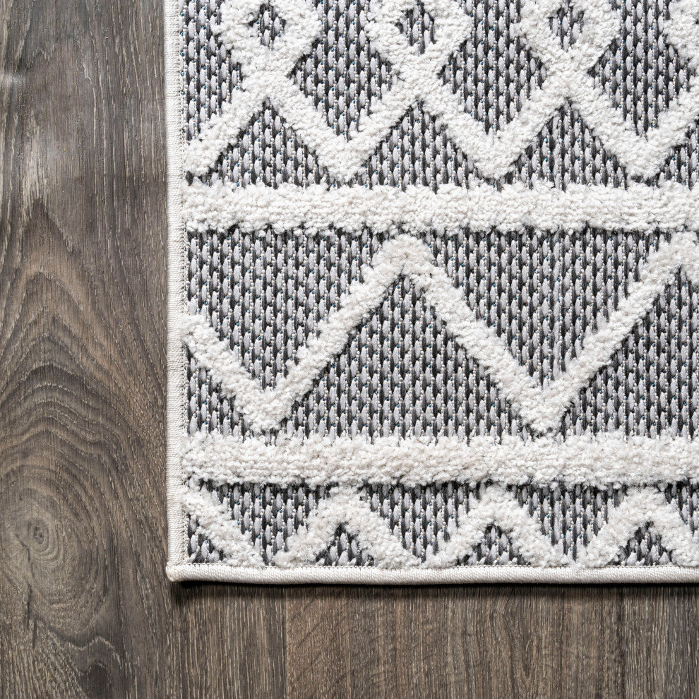 Aylan High-Low Pile Trellis Indoor/Outdoor Black/Ivory 2 ft. x 10 ft. Runner Rug