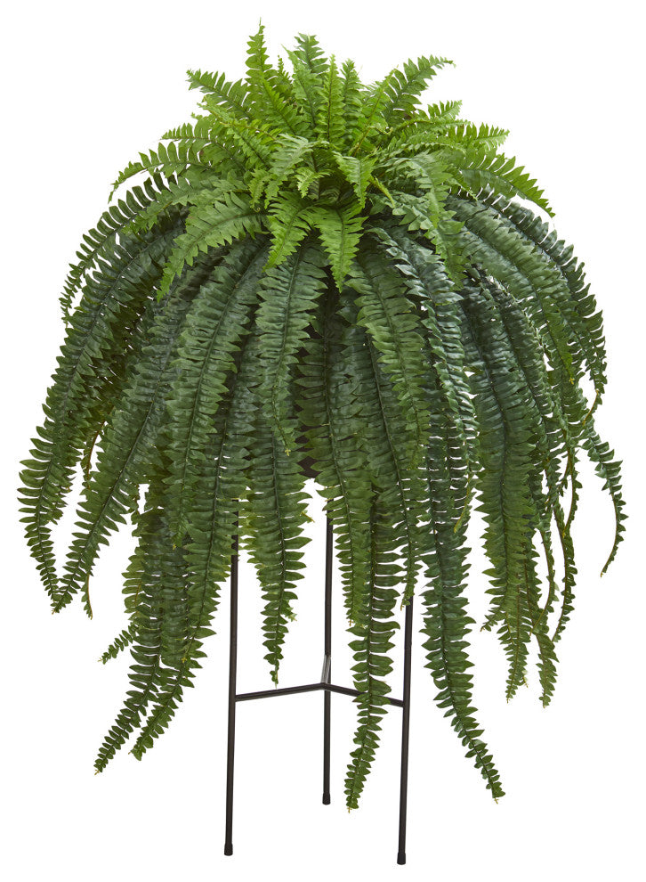 44" Boston Fern Artificial Plant, Stand Black Planter