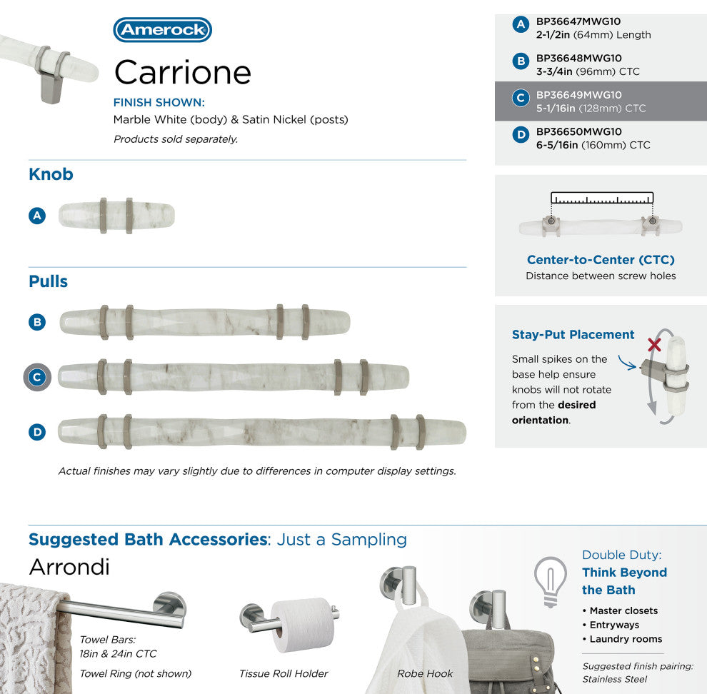 Carrione Cabinet Pull, Marble White/Satin Nickel, 5-1/16" Center-to-Center