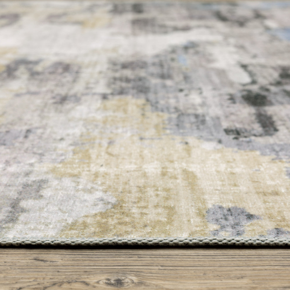 Michaela Machine Washable Distressed Grey/ Blue Area Rug, Ivory, 2'x8'