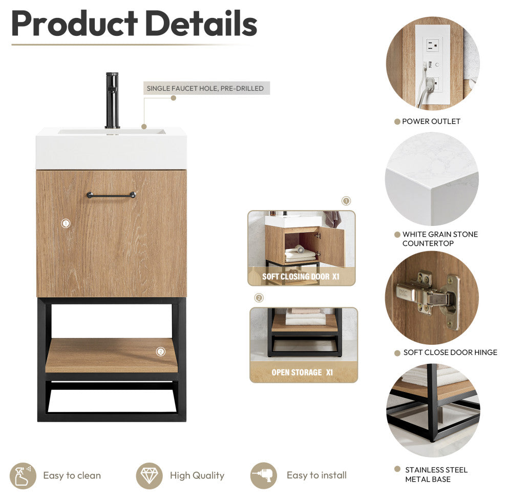 Alistair Vanity, North American Oak, Matte Black Hardware, 18", Without Mirror