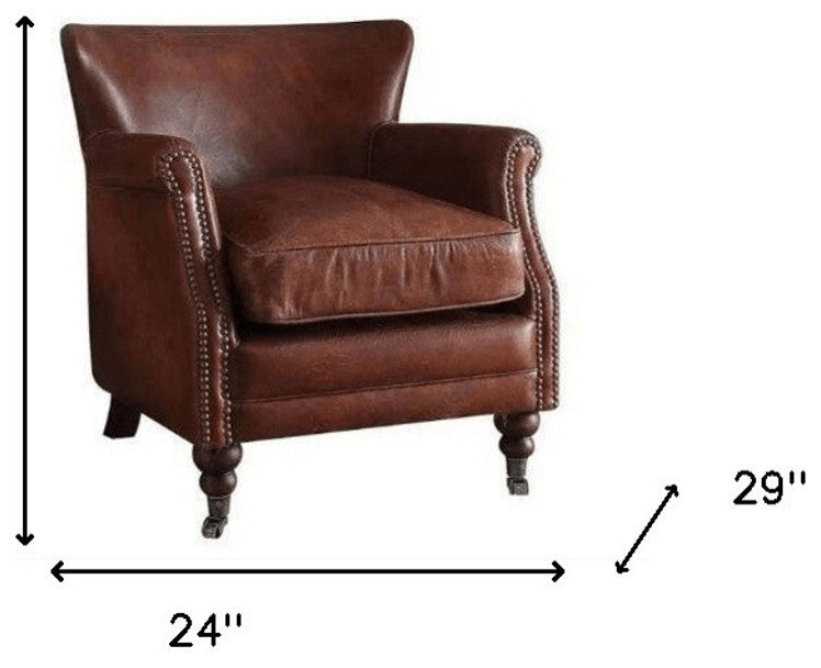 24" Vintage Dark Brown Top Grain Leather And Brown Solid Color Wingback Chair