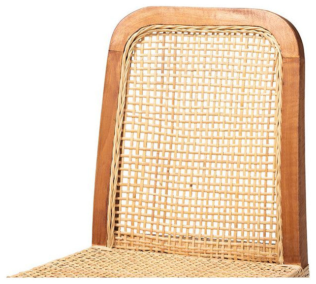 Caspia Modern Walnut Brown Finished Wood and Natural Rattan Counter Stool