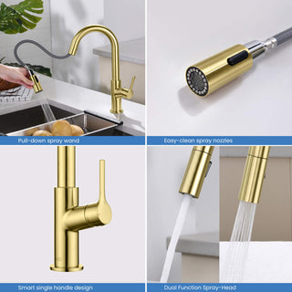 Fusion Single Handle Pull Down Kitchen & Bar Sink Faucet, Brushed Gold