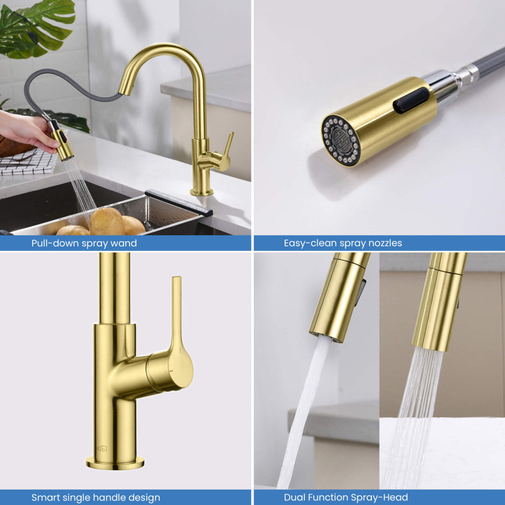 Fusion Single Handle Pull Down Kitchen & Bar Sink Faucet, Brushed Gold