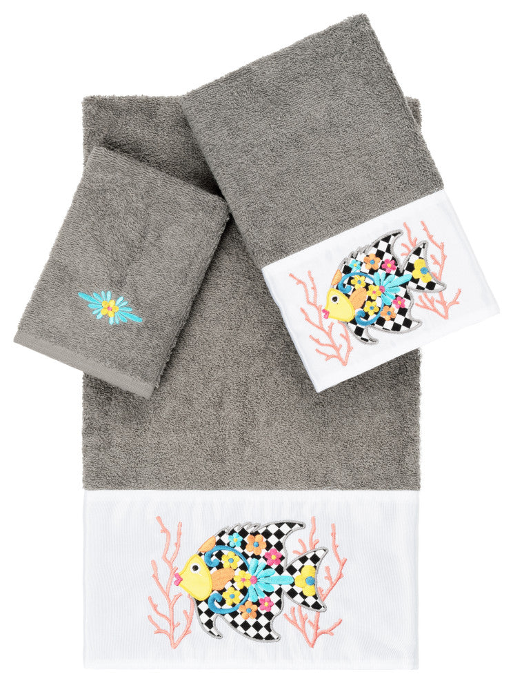 Linum Home Turkish Cotton Feliz 3-Piece Embellished Towel Set, Dark Gray