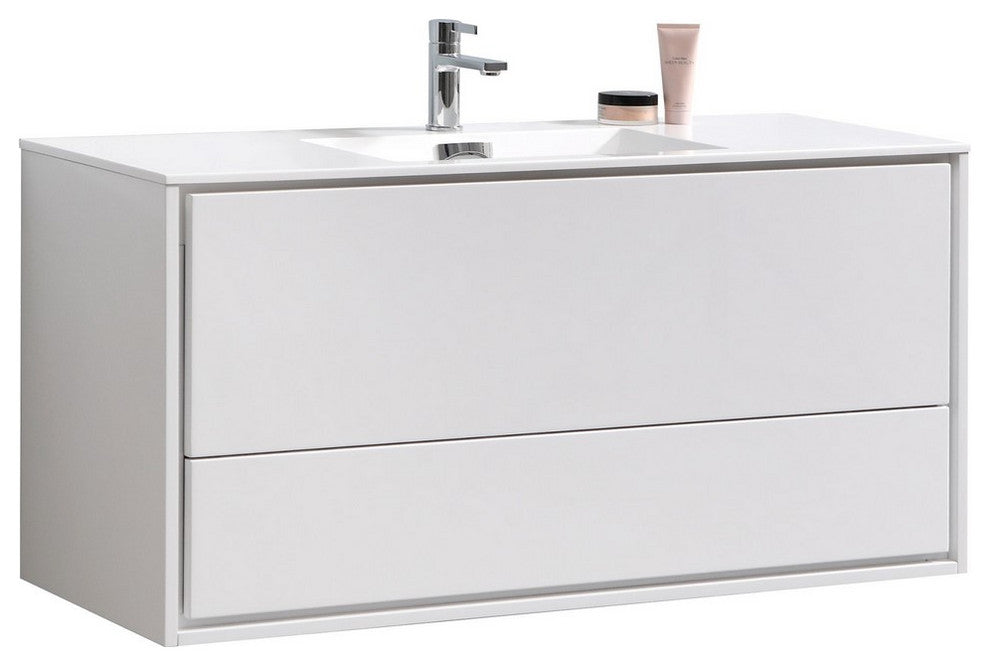 DeLusso 48" Single Sink Wall Mount Bathroom Vanity, Nature Wood, High Gloss Whit