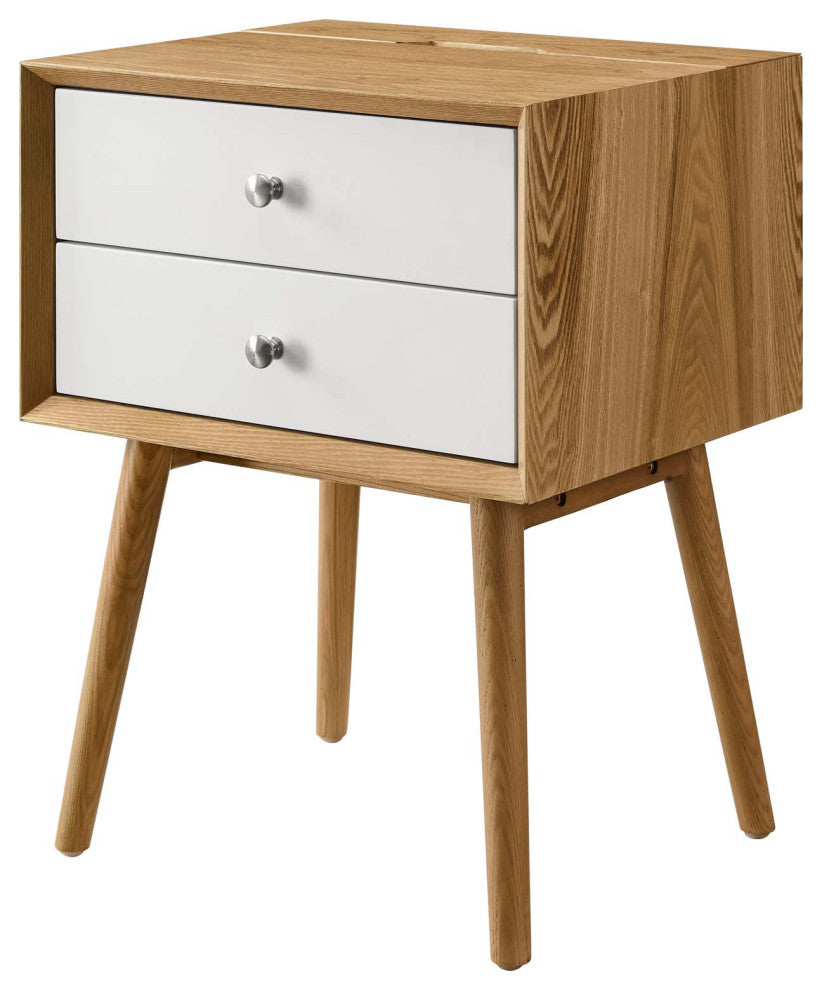 Nightstand Side End Table With USB, Wood, Brown Natural White, Modern