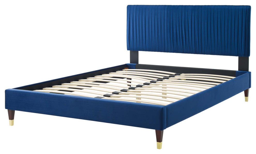 Platform Bed Frame, Queen Size, Velvet, Blue Navy, Modern Contemporary, Bedroom
