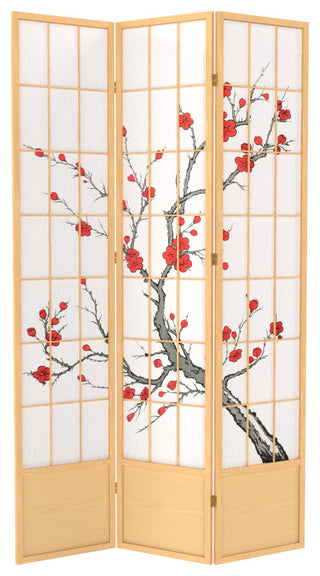 7' Tall Cherry Blossom Shoji Screen, Natural, 3 Panels