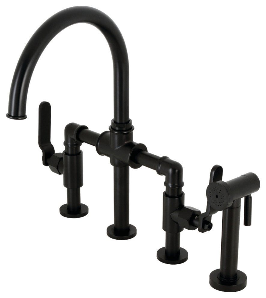 KS2330KL Industrial Style Bridge Kitchen Faucet With Brass Sprayer, Matte Black