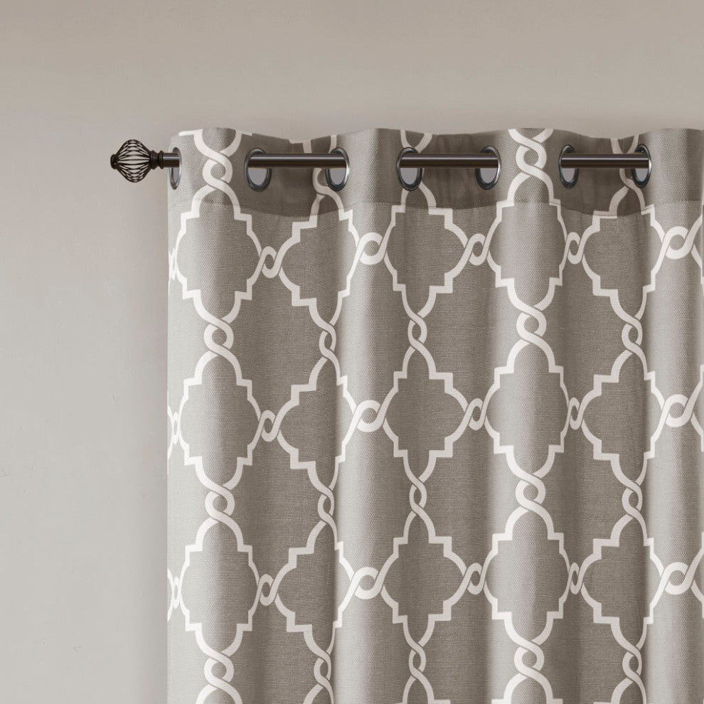 Madison Park Saratoga Fretwork Print Grommet Top Window Curtain Panel, Grey