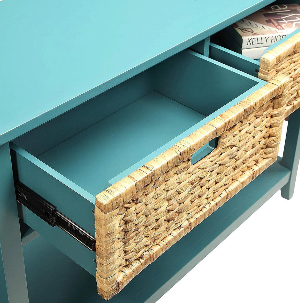 Benzara BM154249 2 Weave Front Drawer Wooden Console Table With Open Shelf, Blue