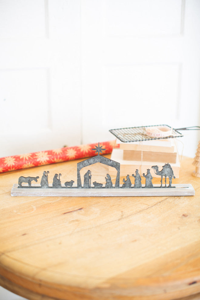 Metal Nativity On a Wooden Stand