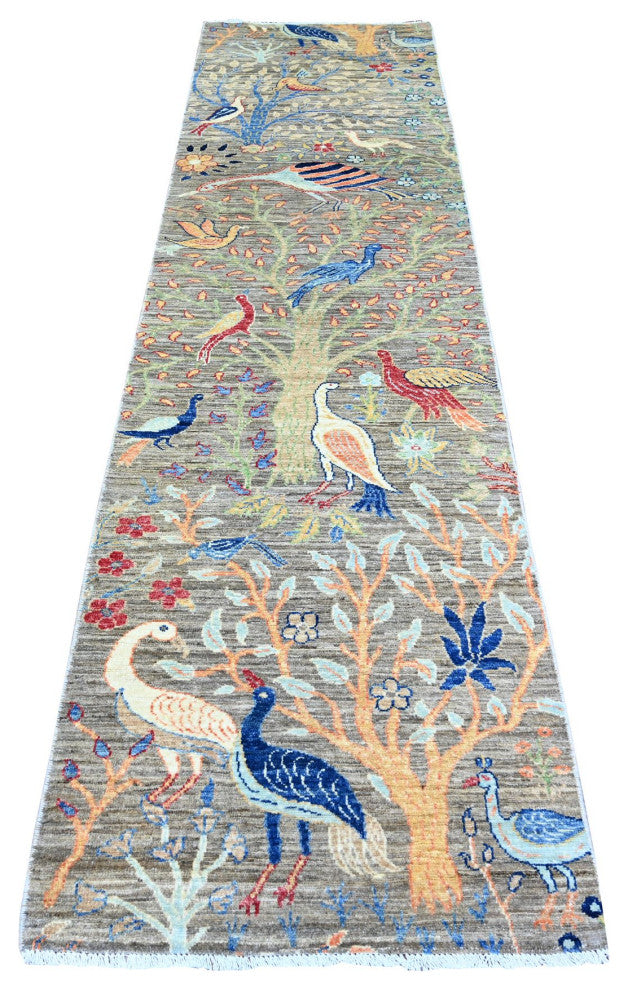 Best Gray Organic Wool Hand Knotted Afghan Peshawar Runner Rug, 2'7"x9'11"