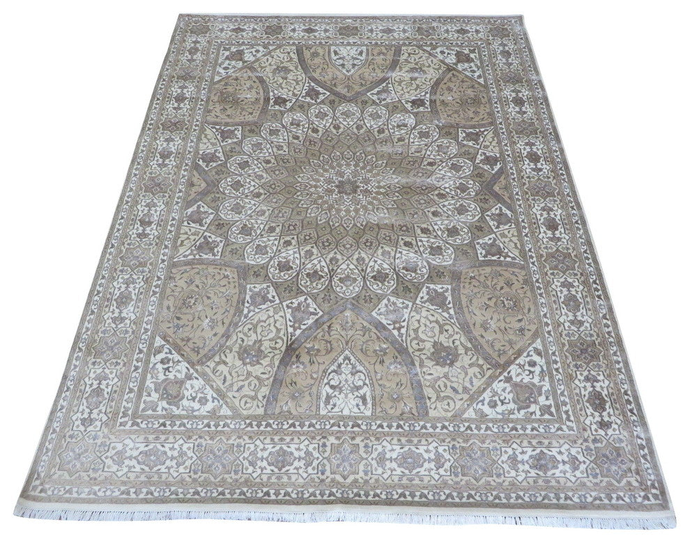 8'9x12, Hand-Knotted, Ivory Persian Tabriz Gombad With Silk Oriental Rug