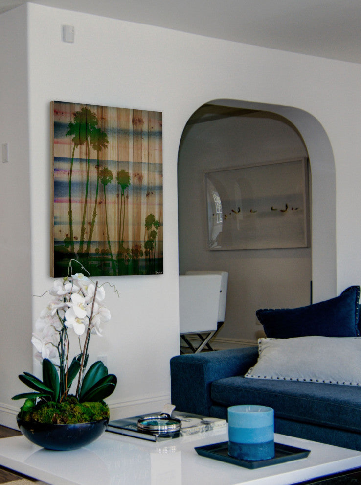 "Palm Rainbows" Print on Natural Pine Wood, 40"x60"