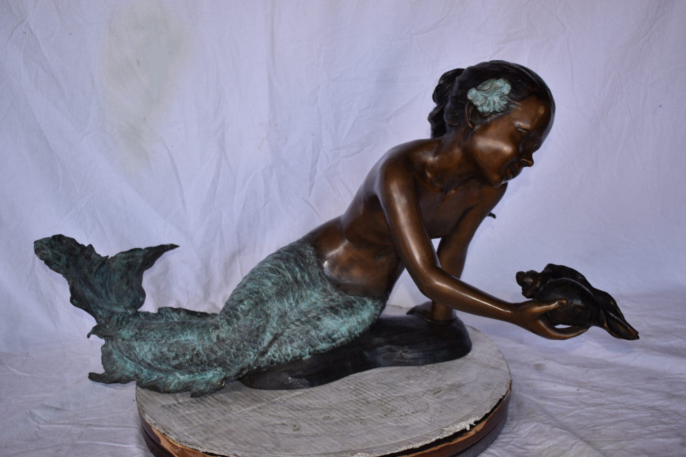 A Little Mermaid Holding A Shell Bronze Fountain Art Nude: 15" x 37" x 20"H
