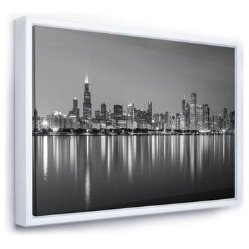 Designart Chicago Skyline Night Black White Framed Canvas Print, White, 46x36
