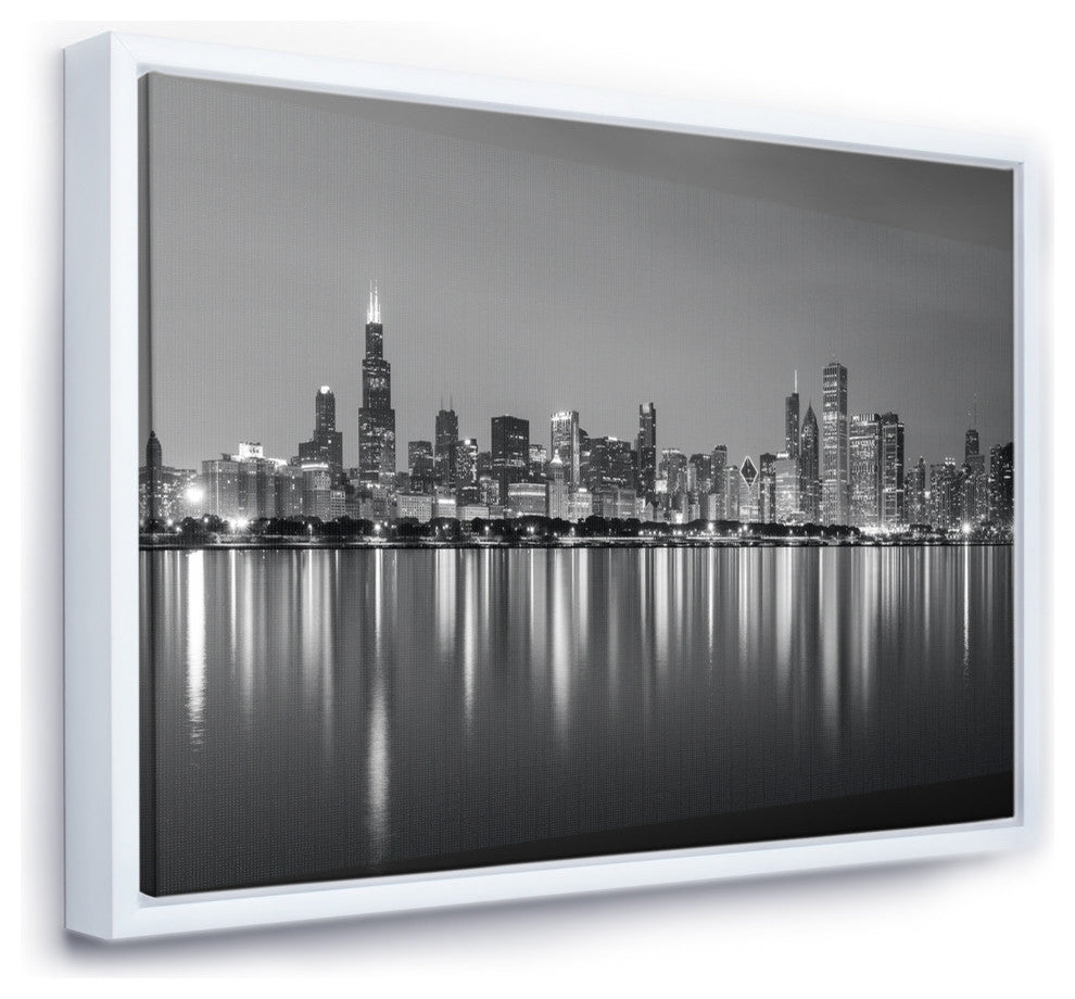 Designart Chicago Skyline Night Black White Framed Canvas Print, White, 46x36