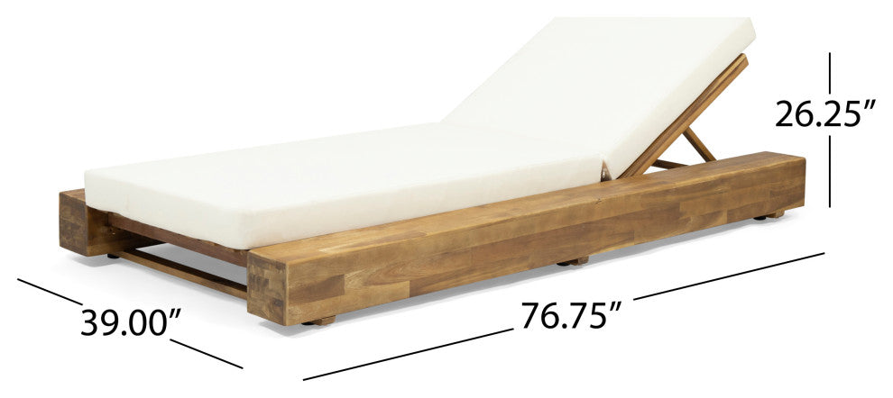 Ursula Outdoor Acacia Wood Chaise Lounge and Cushion Set, Set of 2, Cream