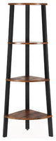 Four Tier Ladder Style Wooden Corner Shelf with Iron Framework, Brown and Black