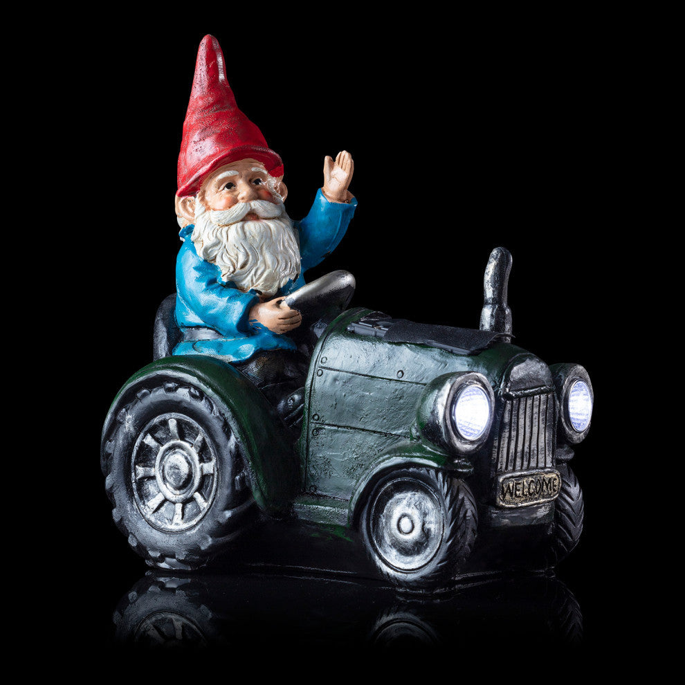 Solar Green Tractor Riding Gnome with Cool White LED Lights