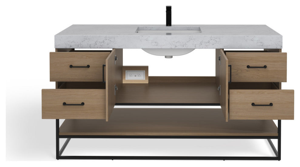 Bahia Bath Vanity, Oak, 60", Matte Black Hardware, Single, Freestanding