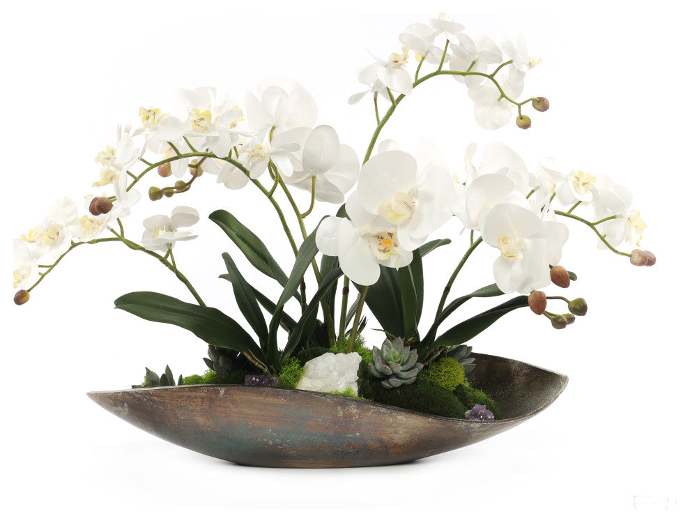 Cream White Orchids Faux Arrangement in Small Metal Tray