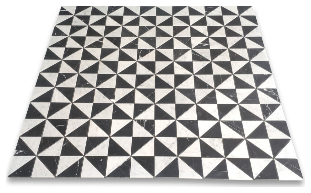 Carrara White Nero Marquina Black Marble Windmill Triangle Mosaic Tile, 1 sheet