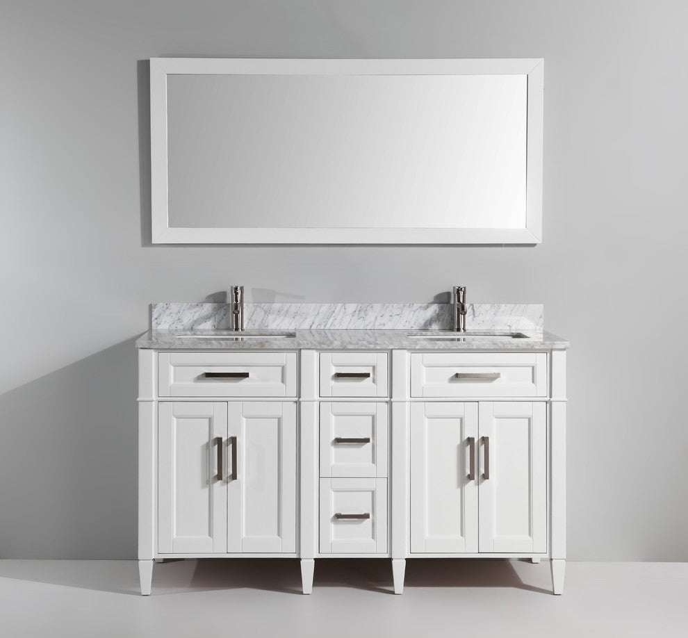Vanity Set With Carrara Marble Top, 60", White, Led Touch-Switch Mirror
