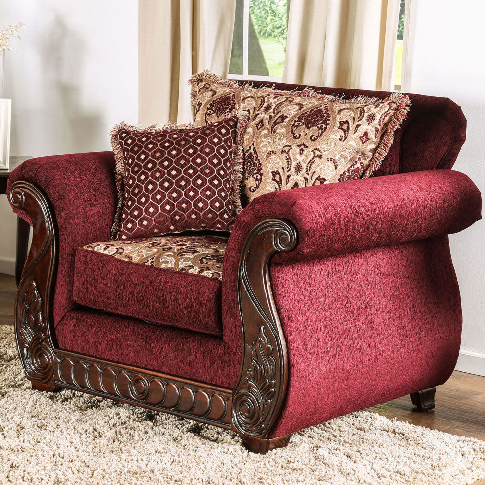 Fabric Upholstered Chair with Rolled Arms Design, Wine, Gold