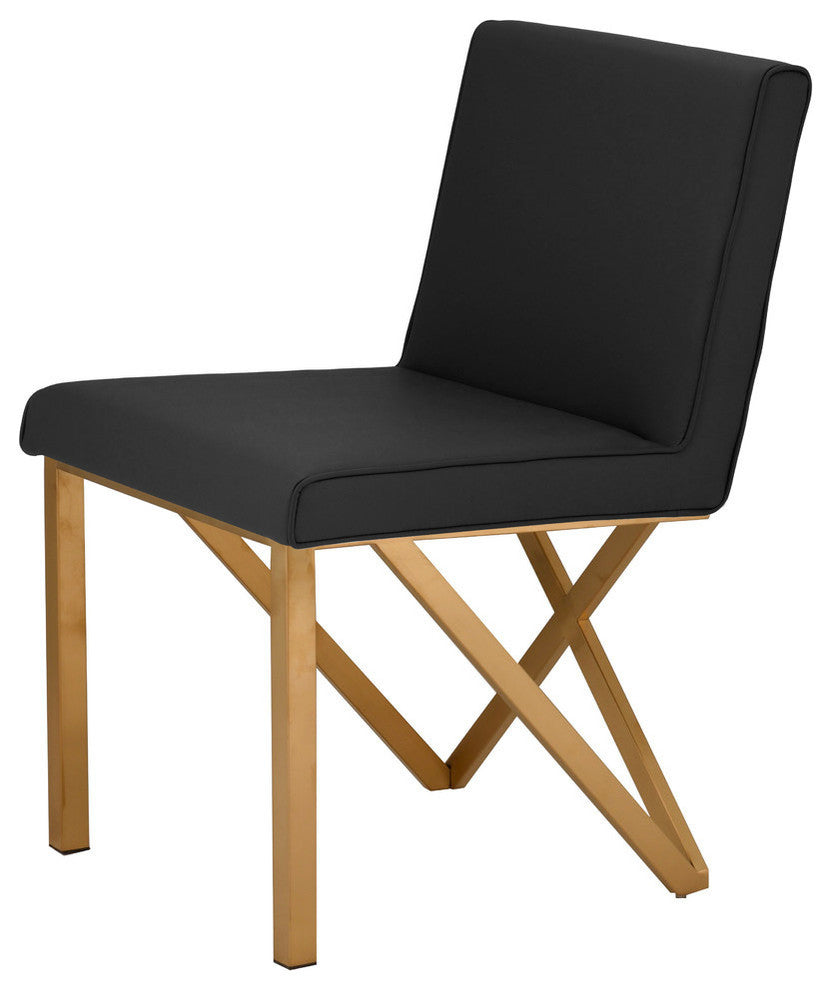 Talbot Dining Chair in Black Naugahyde and Brushed Gold Stainless Steel Base