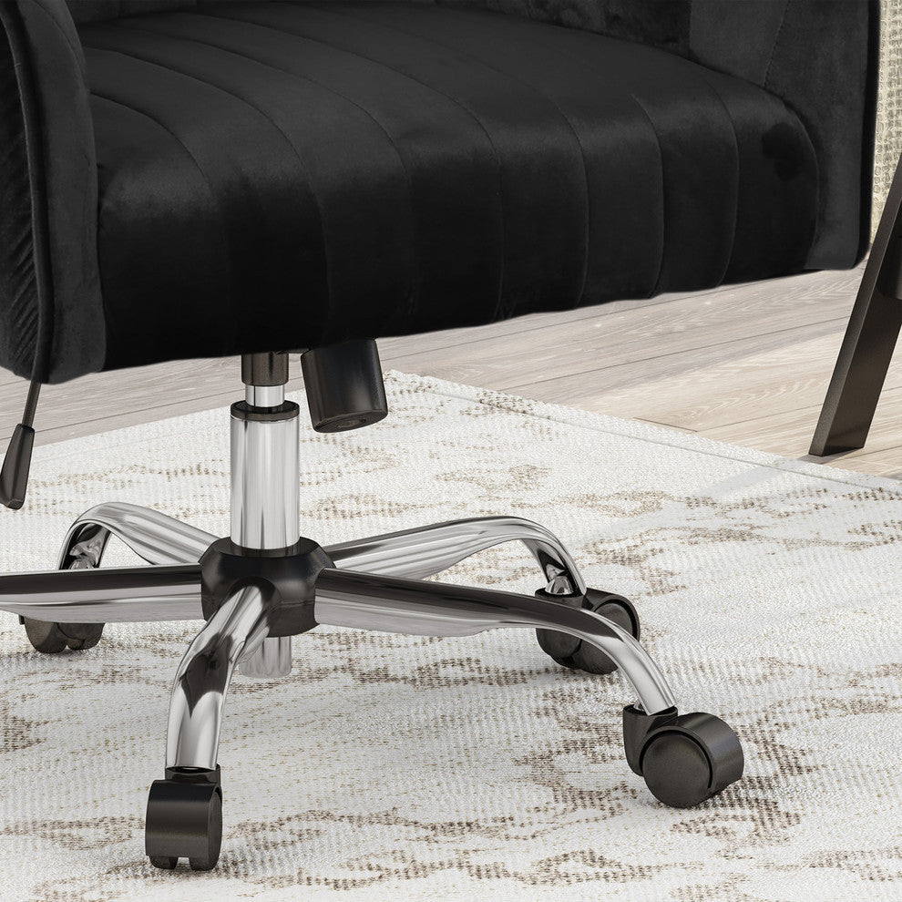 Cassandra Velvet Home Office Chair With Swivel Base, Black, Silver Finish