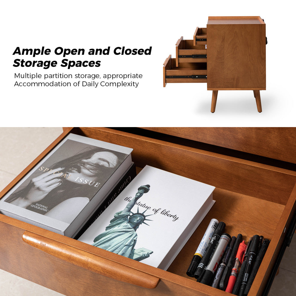 Mid-Century Modern 3-Drawer Nightstand With Charging Station, Acorn