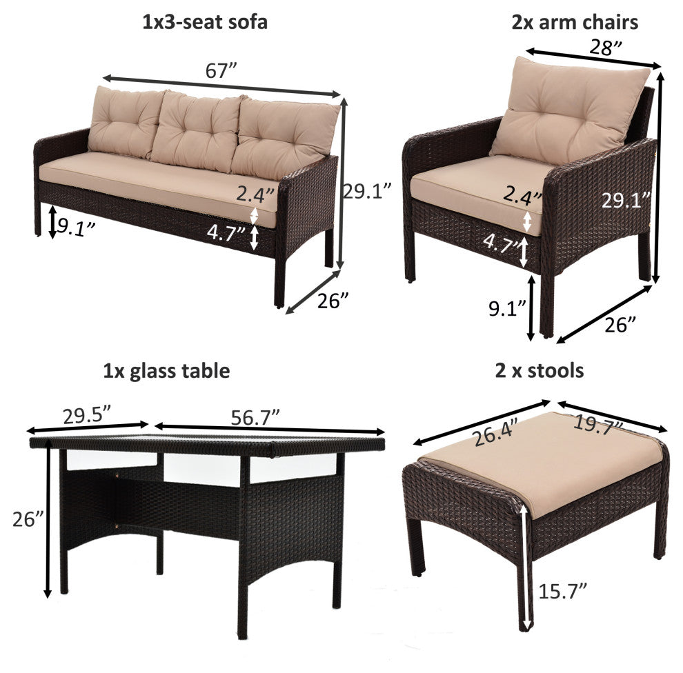 6 Pieces Outdoor Rattan Patio Sectional Sofa Set With Dining Table, Coffee