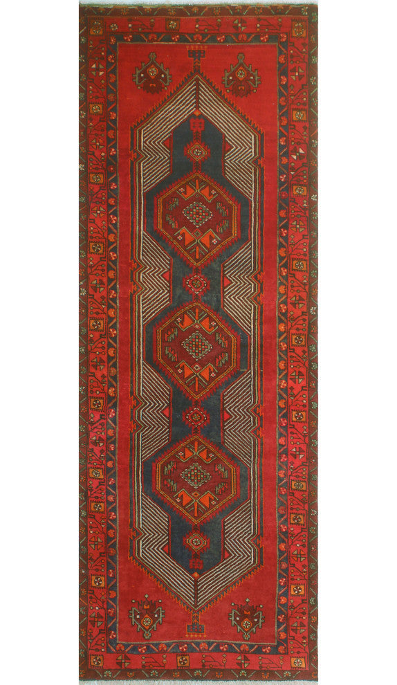 Fine Vintage Distressed Aisford Navy/Orange Runner, 3'5x9'9
