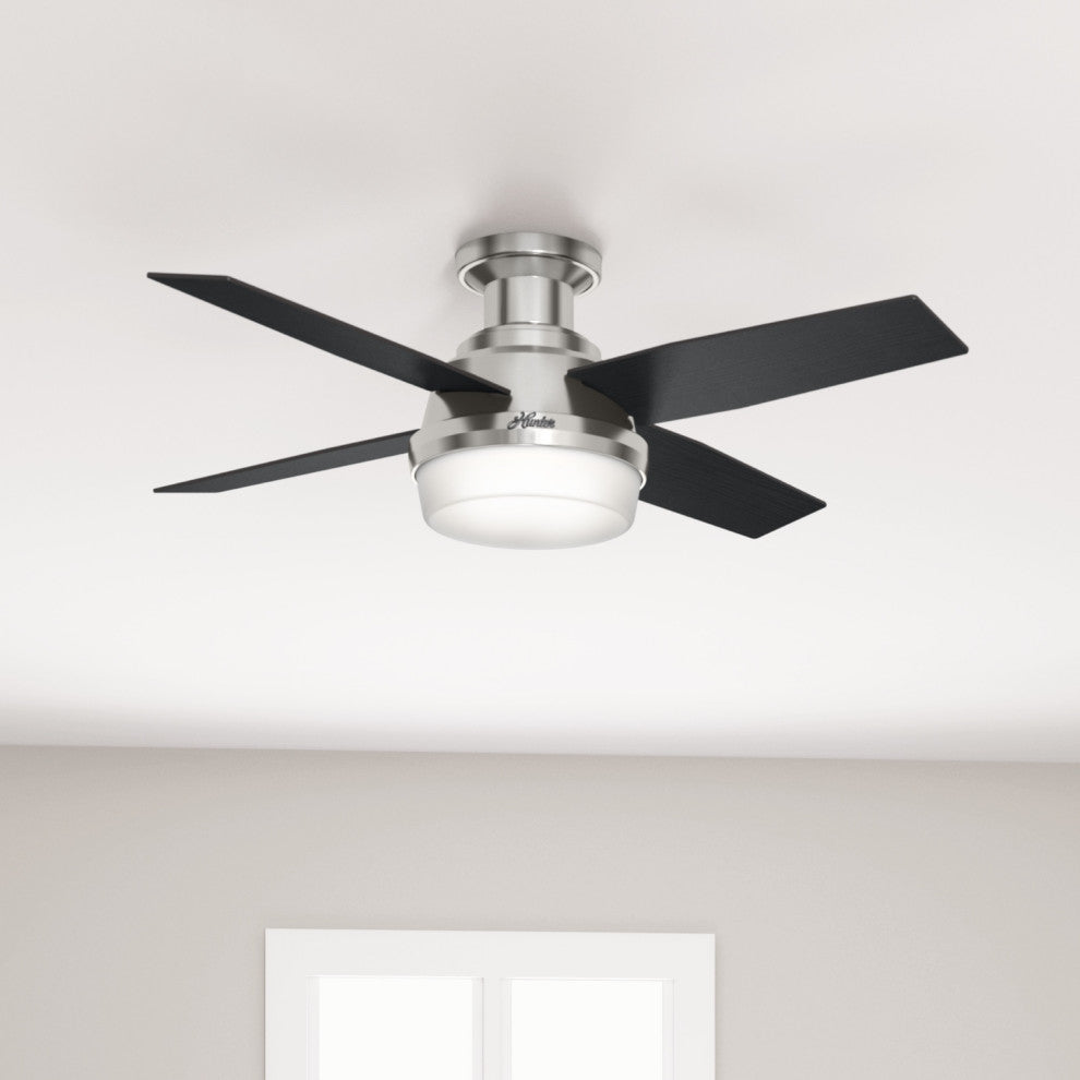 Hunter Fan Company  44" Dempsey Low Profile  Ceiling Fan With Light + Remote, Brushed Nickel
