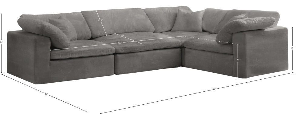 Cozy Velvet Upholstered Comfort L-Shaped Modular Sectional, Grey, 4-Piece: 1 Armless Chair, 3 Corner Chair