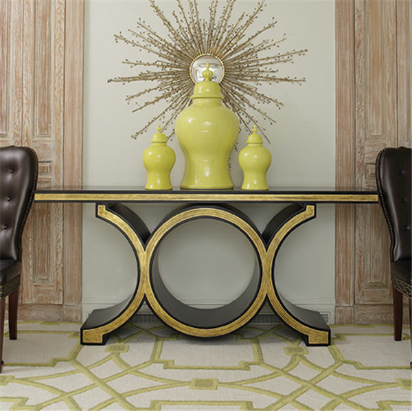 Stunning Midcentury Chain Link Console Table, Black Gold Dark Wood