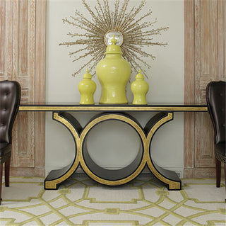 Stunning Midcentury Chain Link Console Table, Black Gold Dark Wood