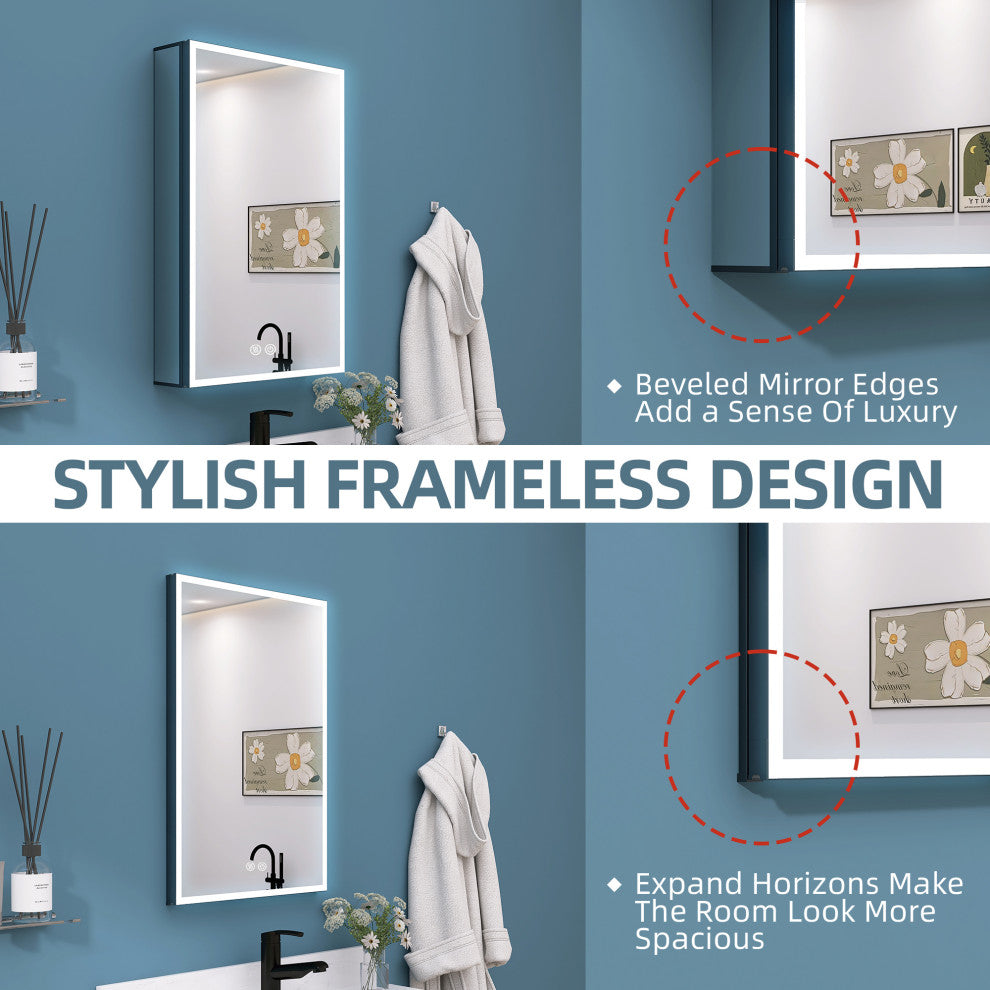 20'' W 30'' H Recessed Frameless Medicine Cabinet Mirror 3 Adjustable