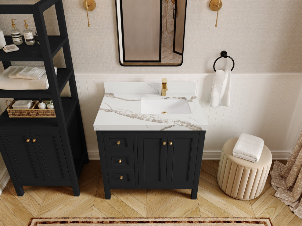 Nashville 36" Right Offset Bath Vanity, Black 2" Calacatta Gold
