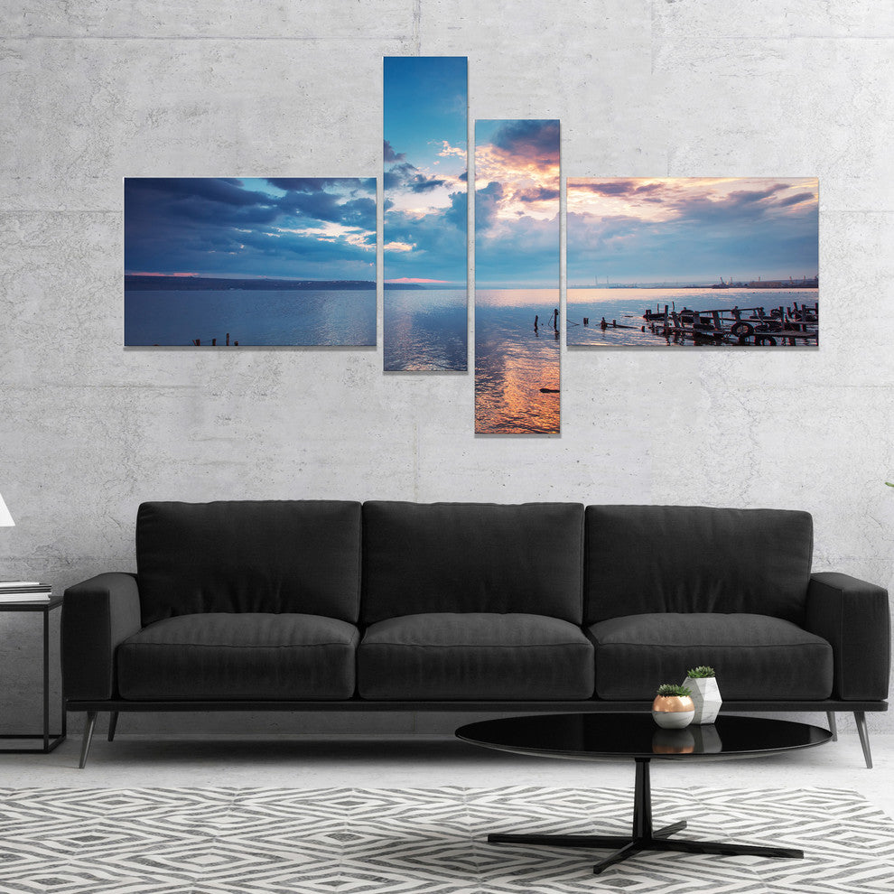 Dramatic Sky Over Sunset Lake, Large Landscape Canvas Art, 60"x32", 4 panels