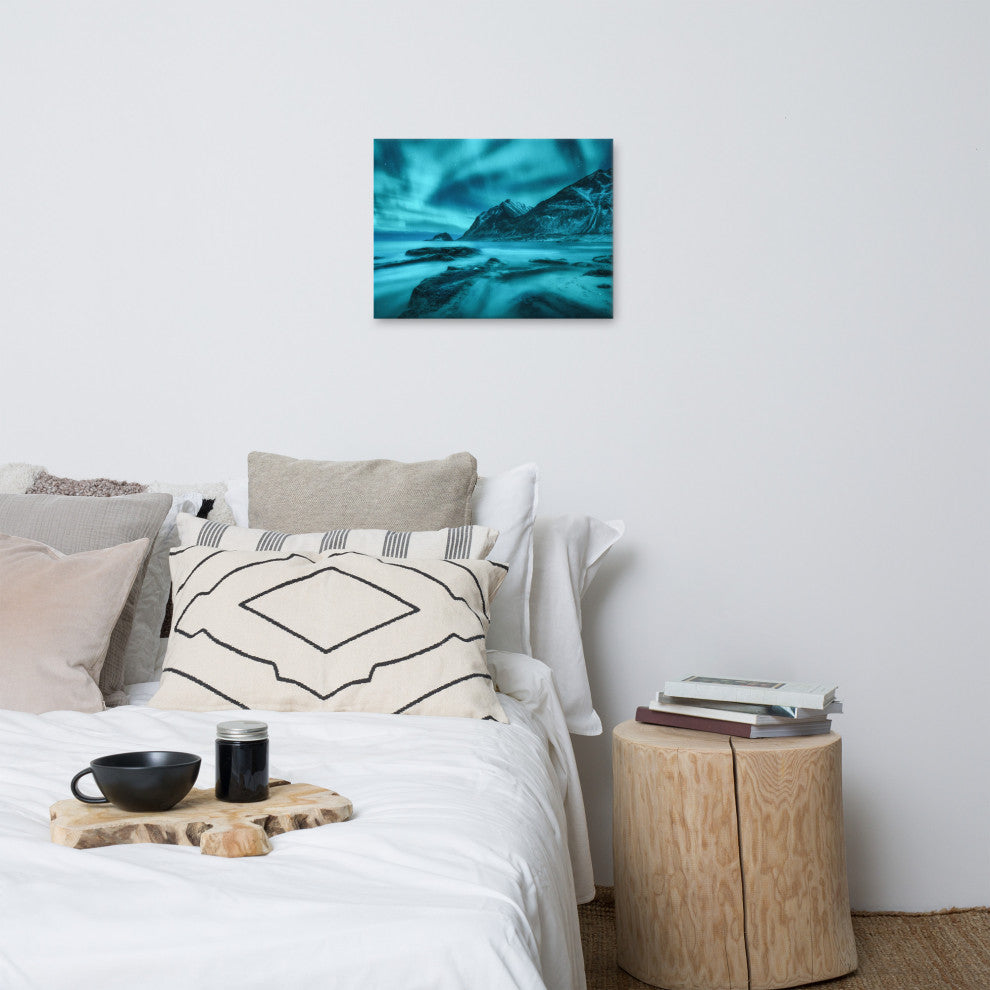 Blue Northern Lights and Mountain Coast Landscape Photo Canvas Wall Art Prints, 18" X 24"