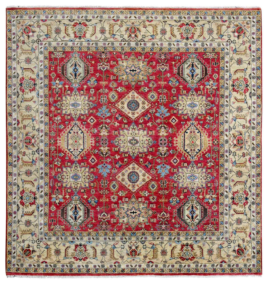 Fire Brick Red Hand Knotted Wool Karajeh Design Square Oriental Rug, 8'x8'