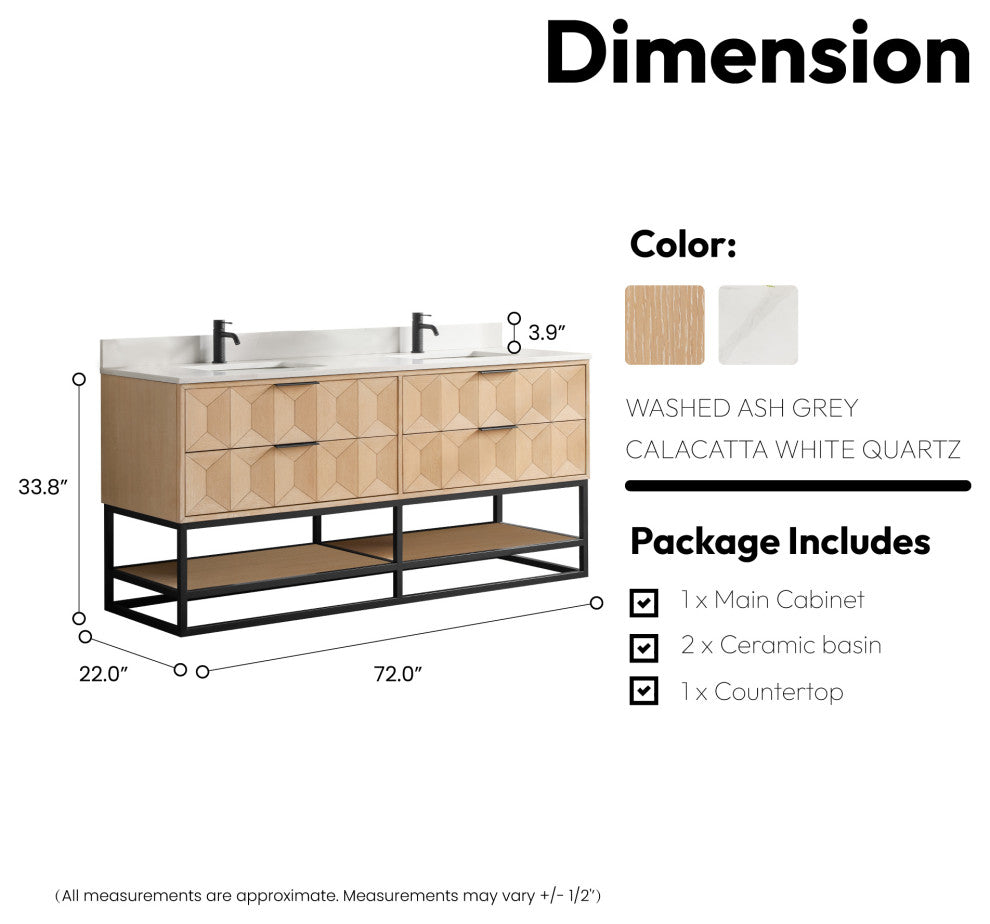 Milagro Bath Vanity With Top, Washed Ash Grey, Matte Black Base, 72", No Mirror